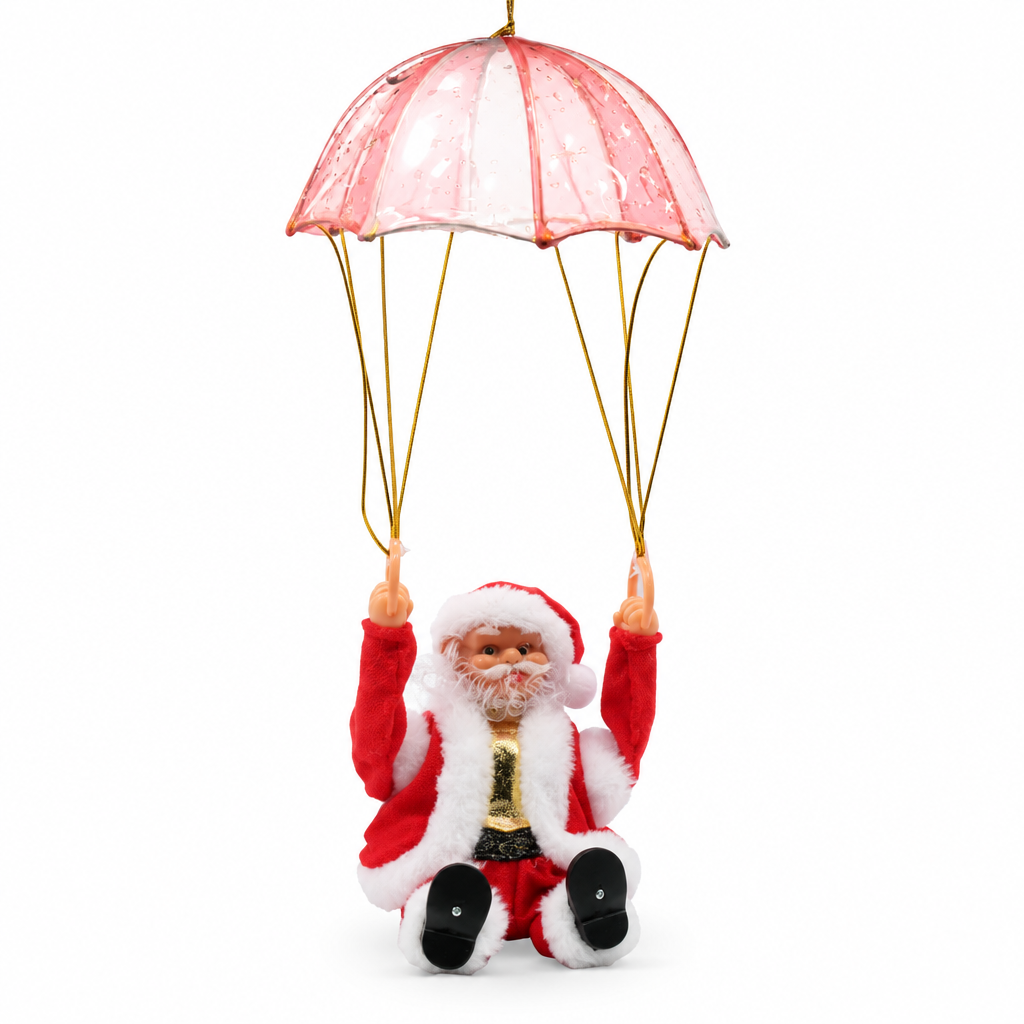 Right-angle view of parachuting Santa