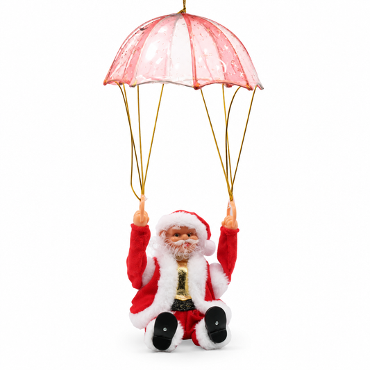 Right-angle view of parachuting Santa