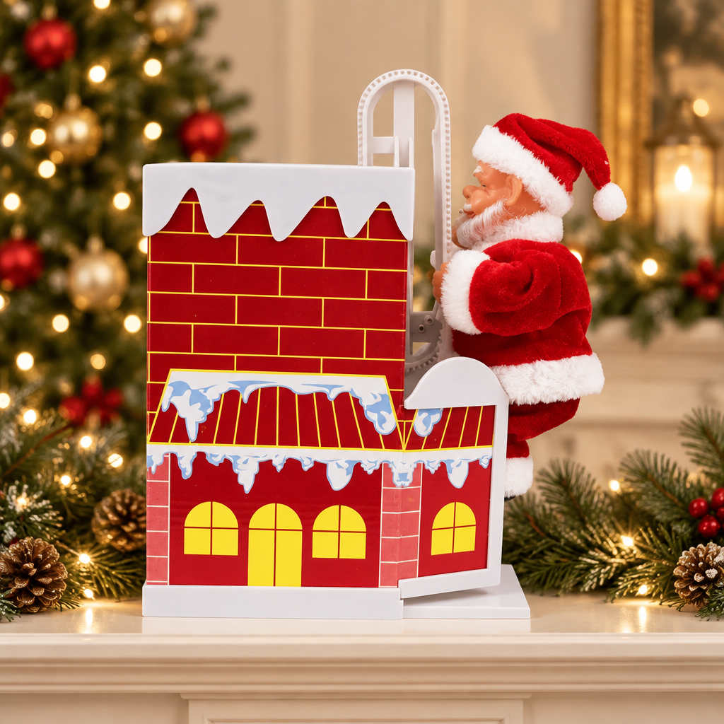 Santa climbing Christmas house in a festive setting