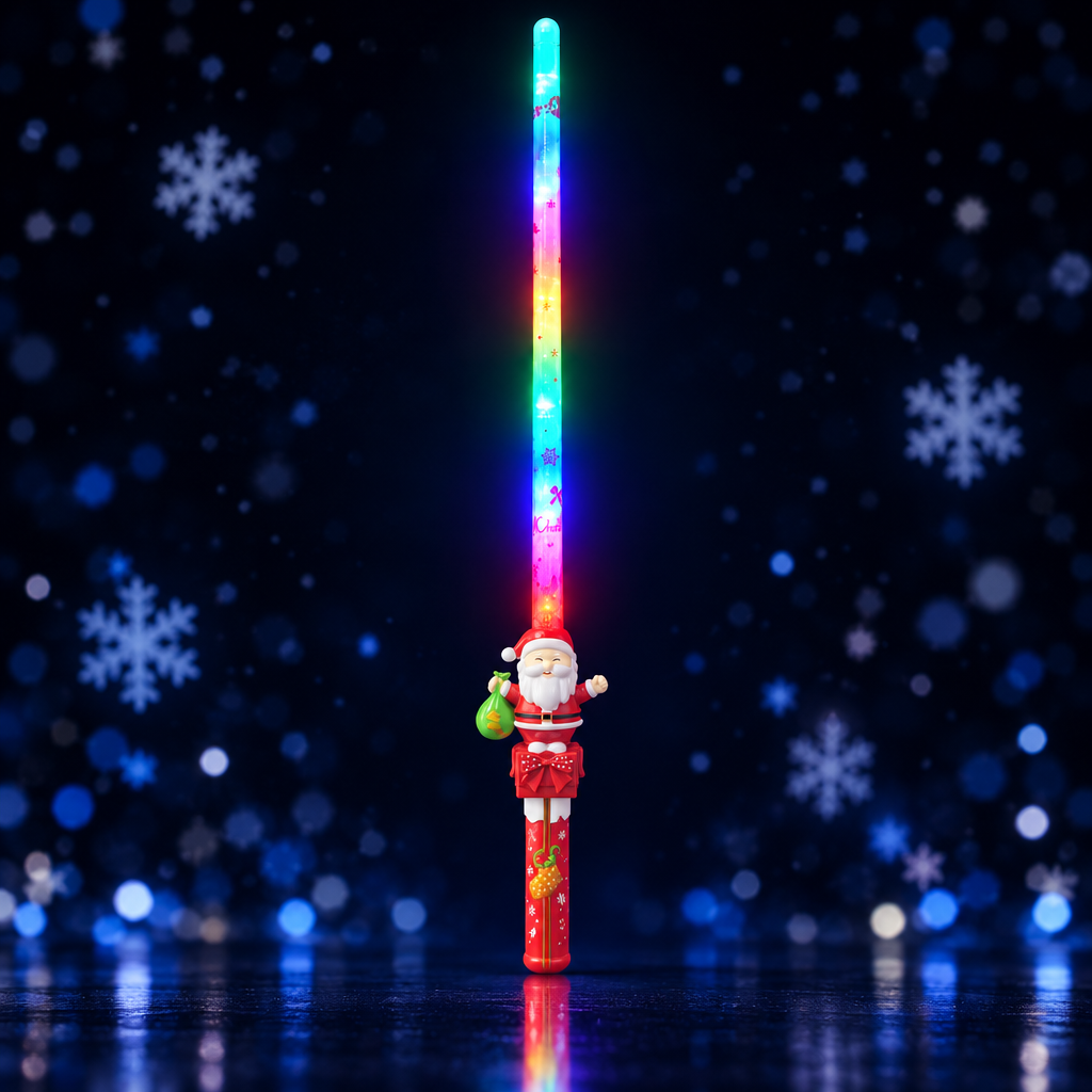 Santa LED wand glowing against a dark festive background