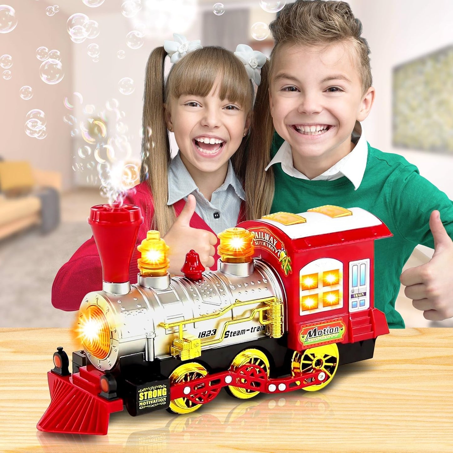 Bubble Train for Kids Toys with Bump & Go Motion, Fire Engine Toy with Light and Sound