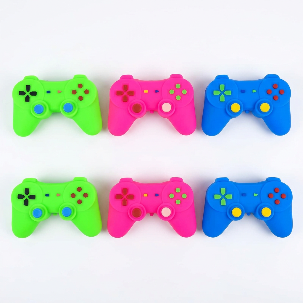 Six squishy game-controller toys on white