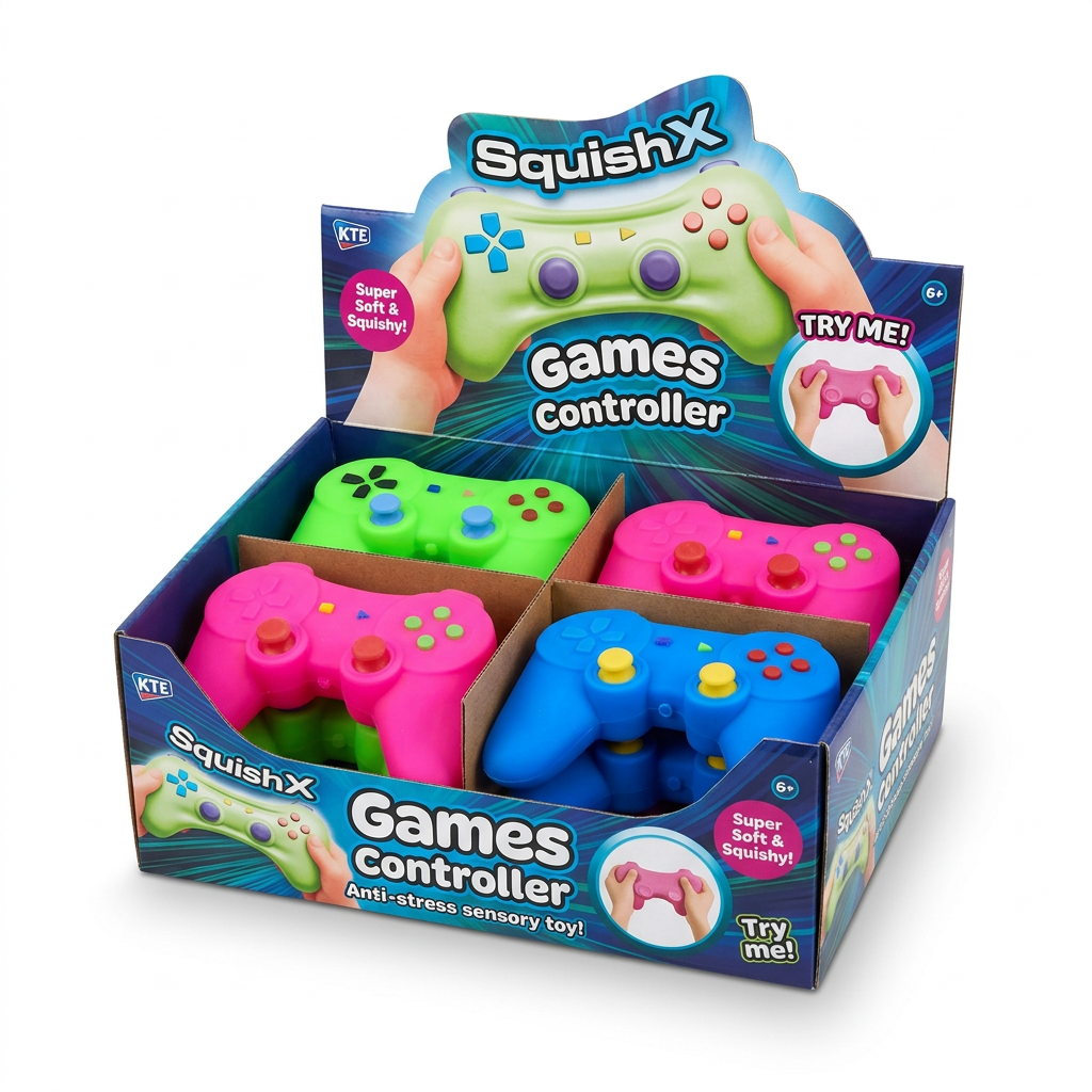 Squishy game-controller display box containing six toys