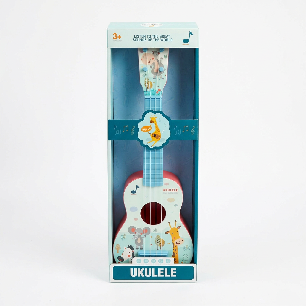 Standalone ukulele packaging on a white background