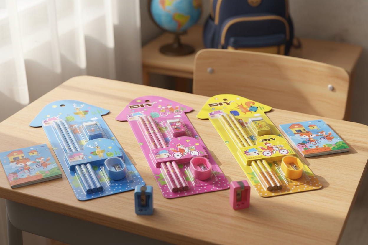 Stationery set contents on school desk