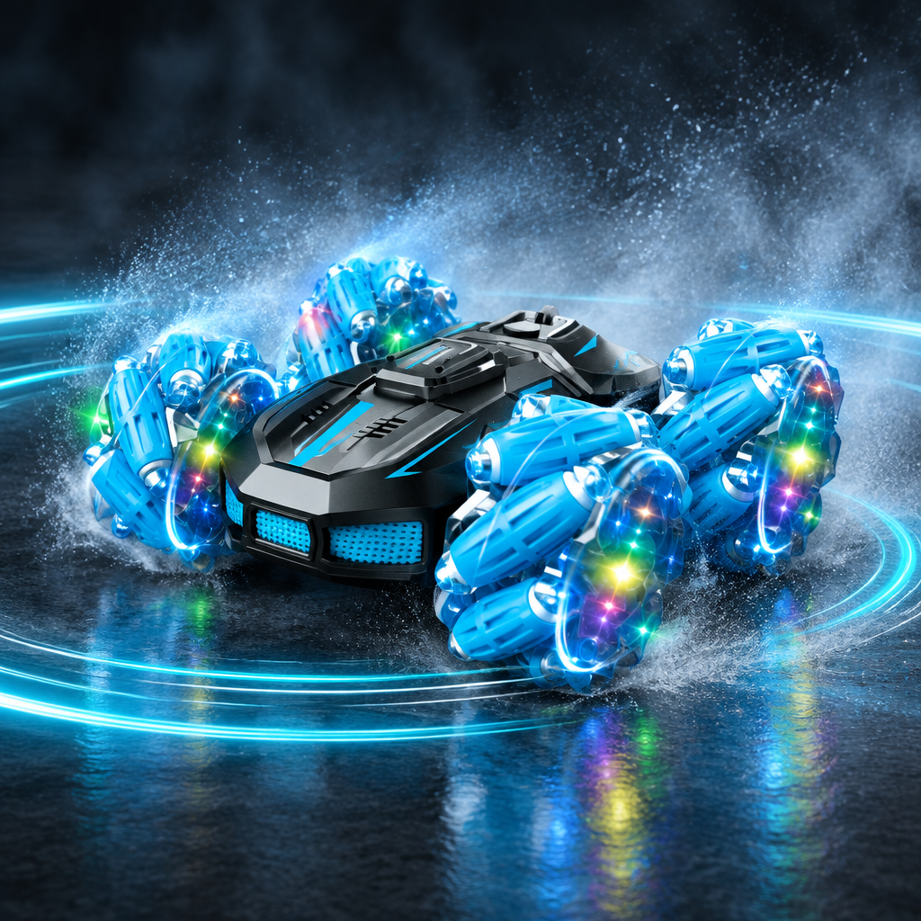 Stunt car performing a spin with mist effect