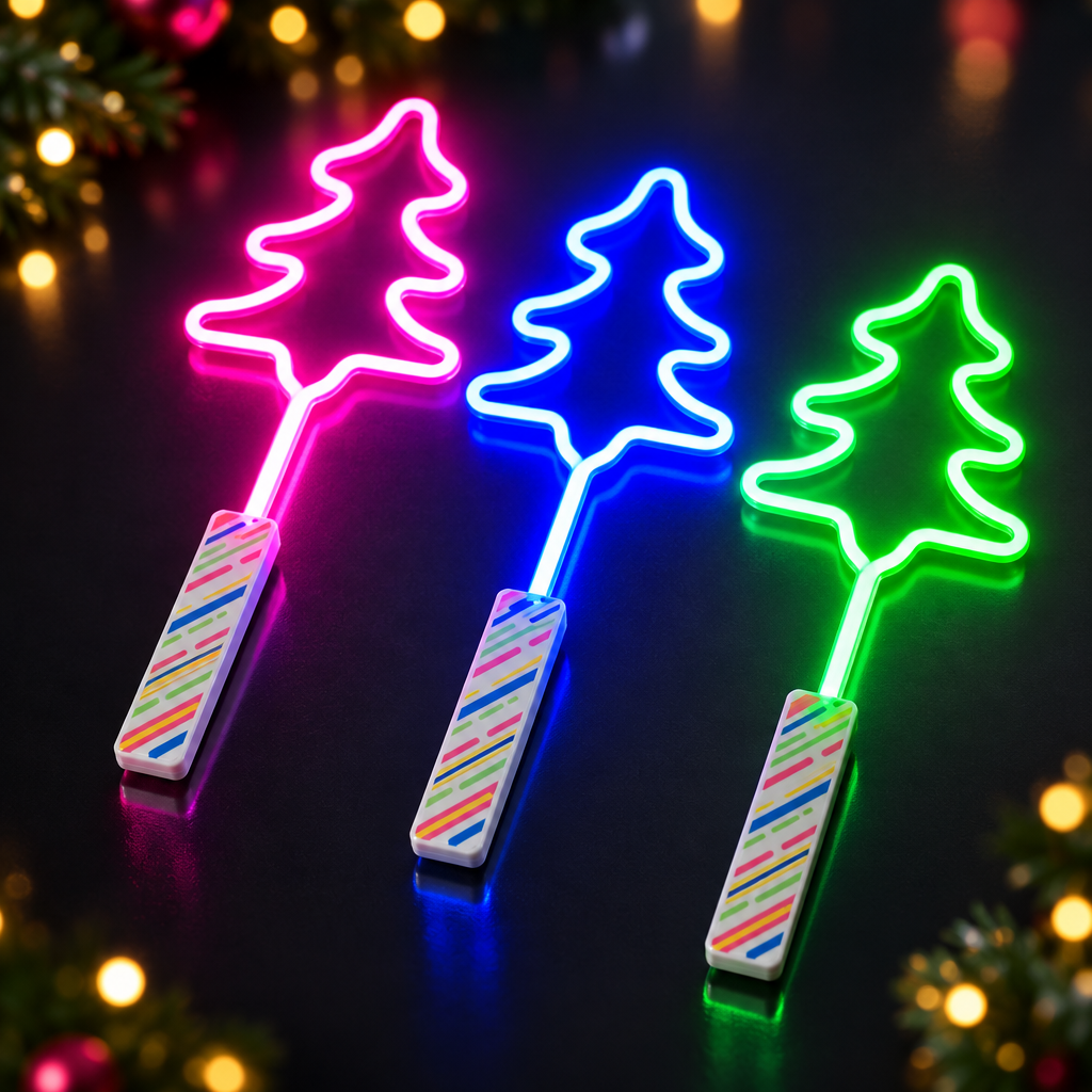 Three illuminated tree wands from a different angle
