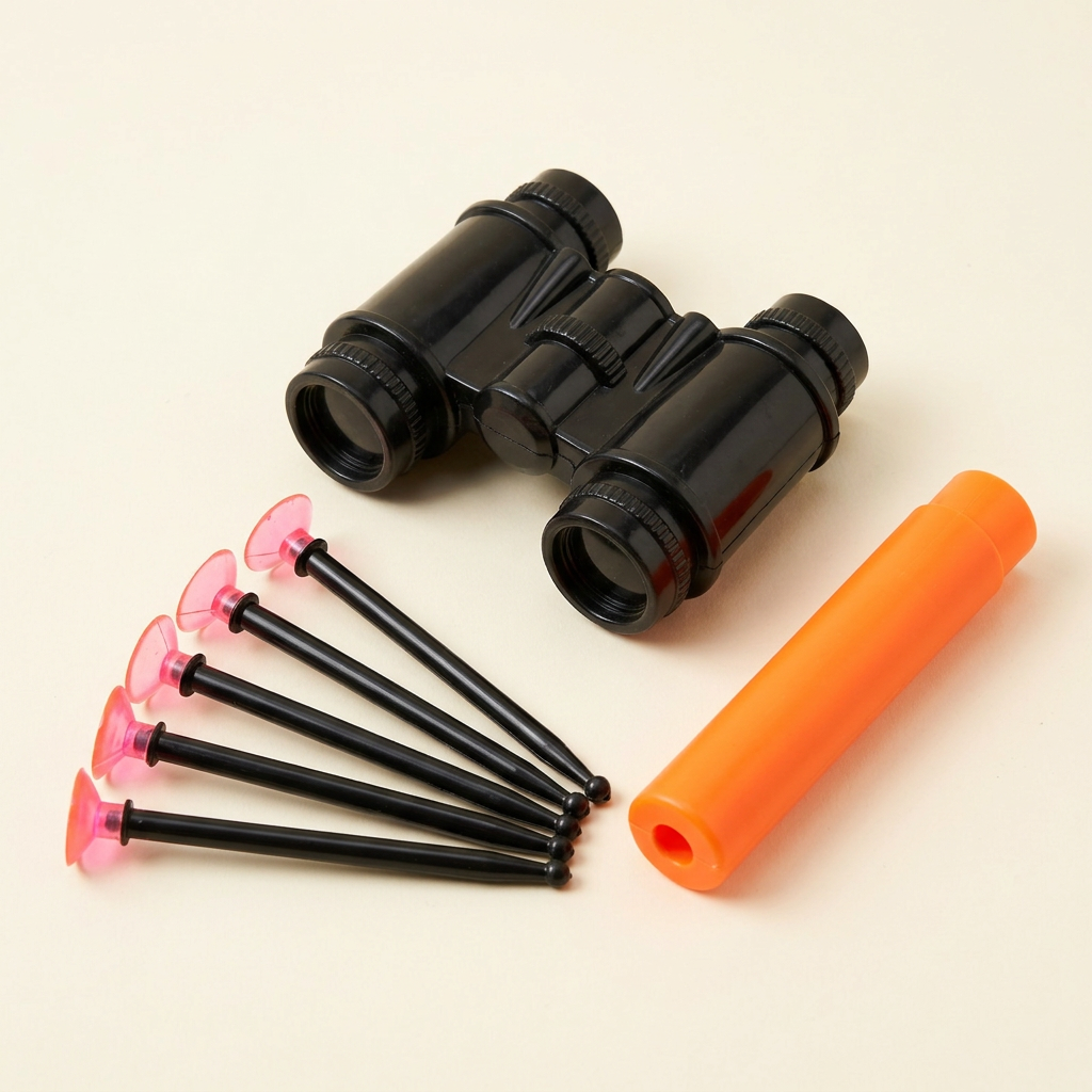 Toy binoculars and pink-tipped suction darts