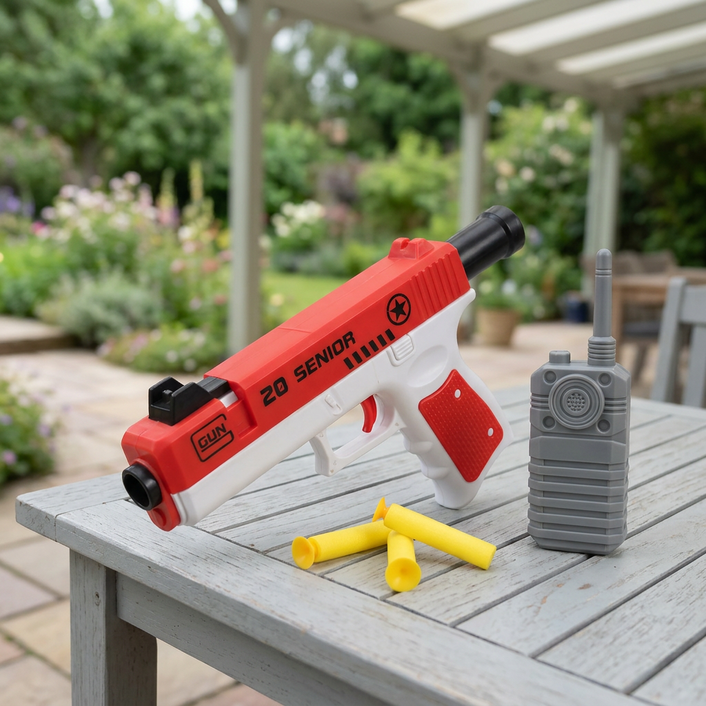 Toy blaster and accessories on a garden table