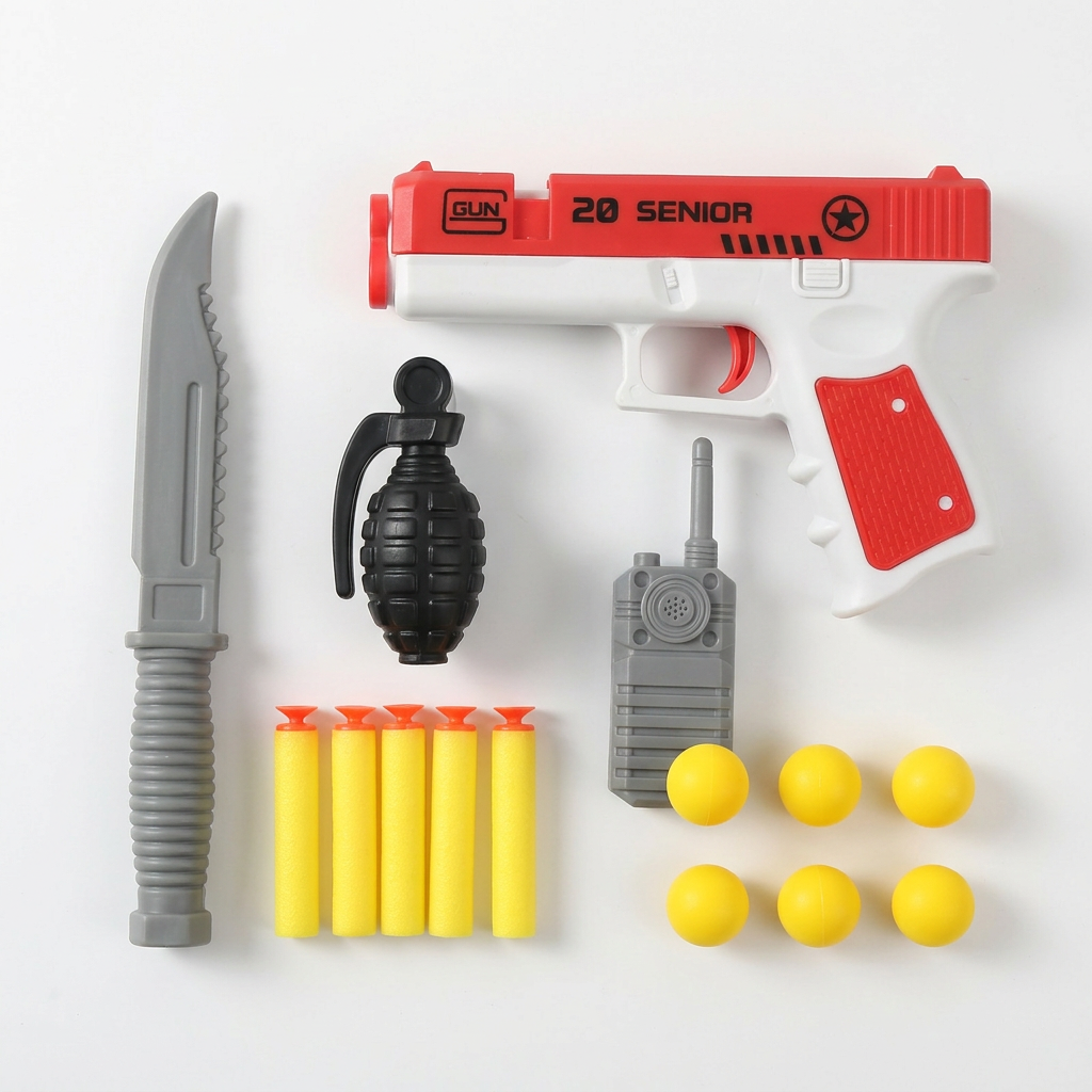 Toy blaster and included play accessories arranged on white
