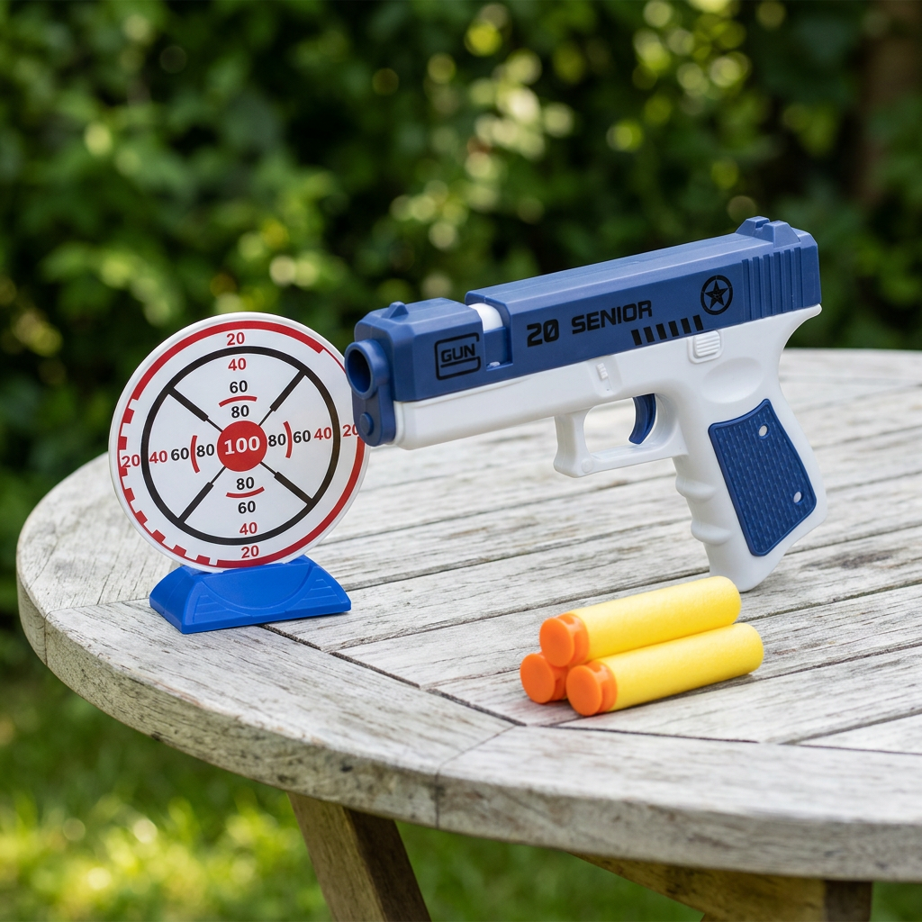 Toy blaster and target on a garden table