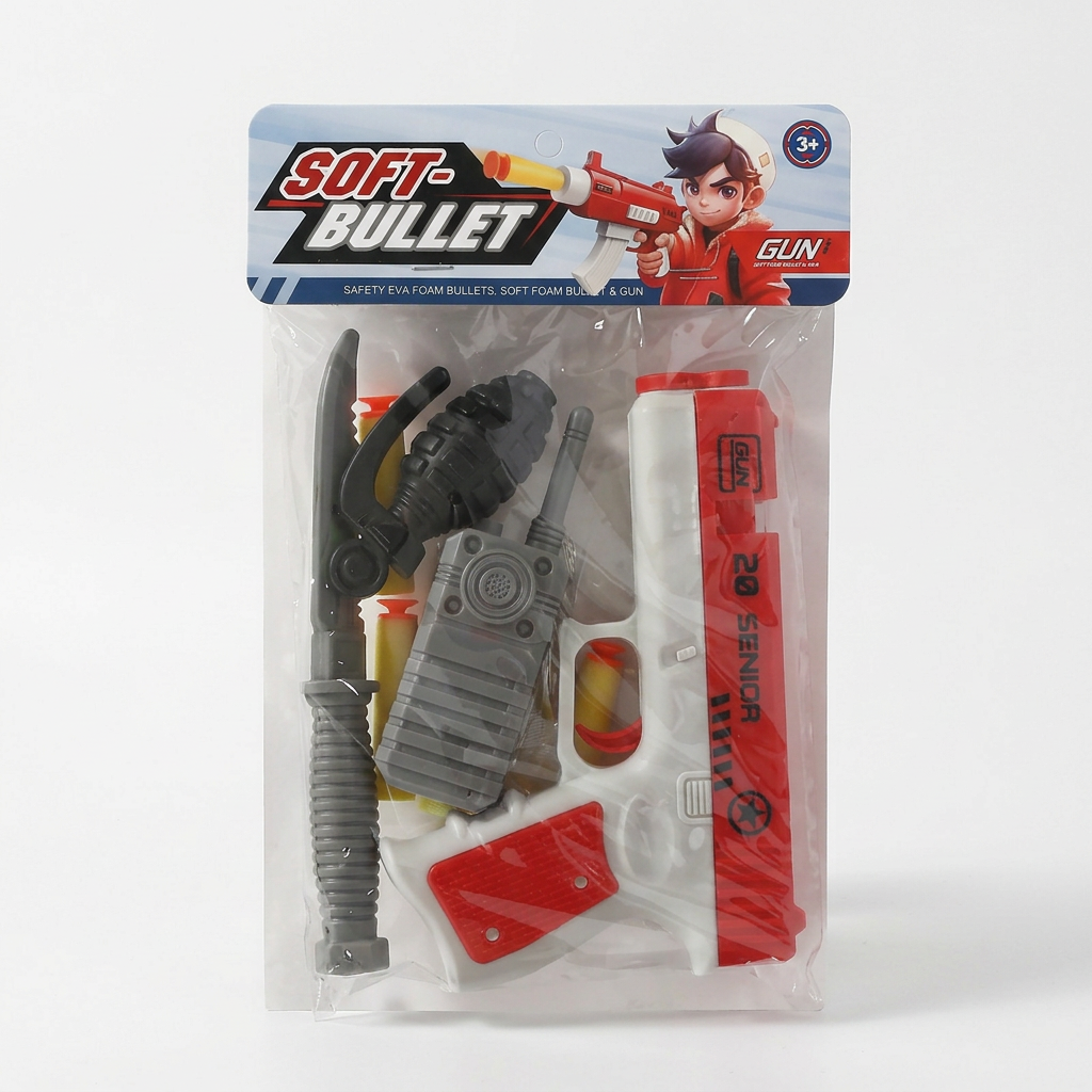 Toy blaster set in retail packaging