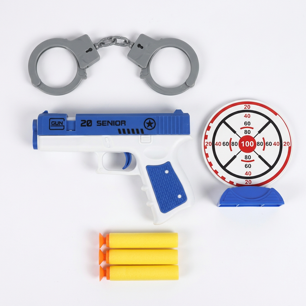Toy blaster, target, darts and toy handcuffs
