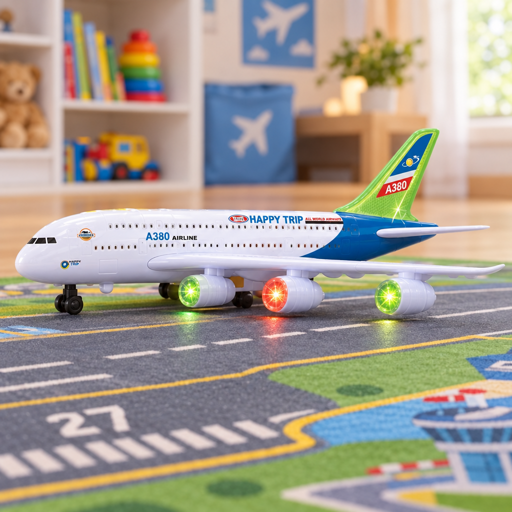 Toy passenger plane on an airport play mat