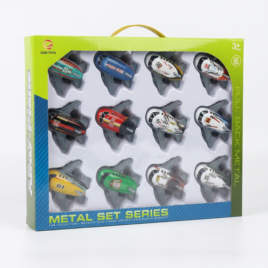 Toy plane set in its original green and blue carry box