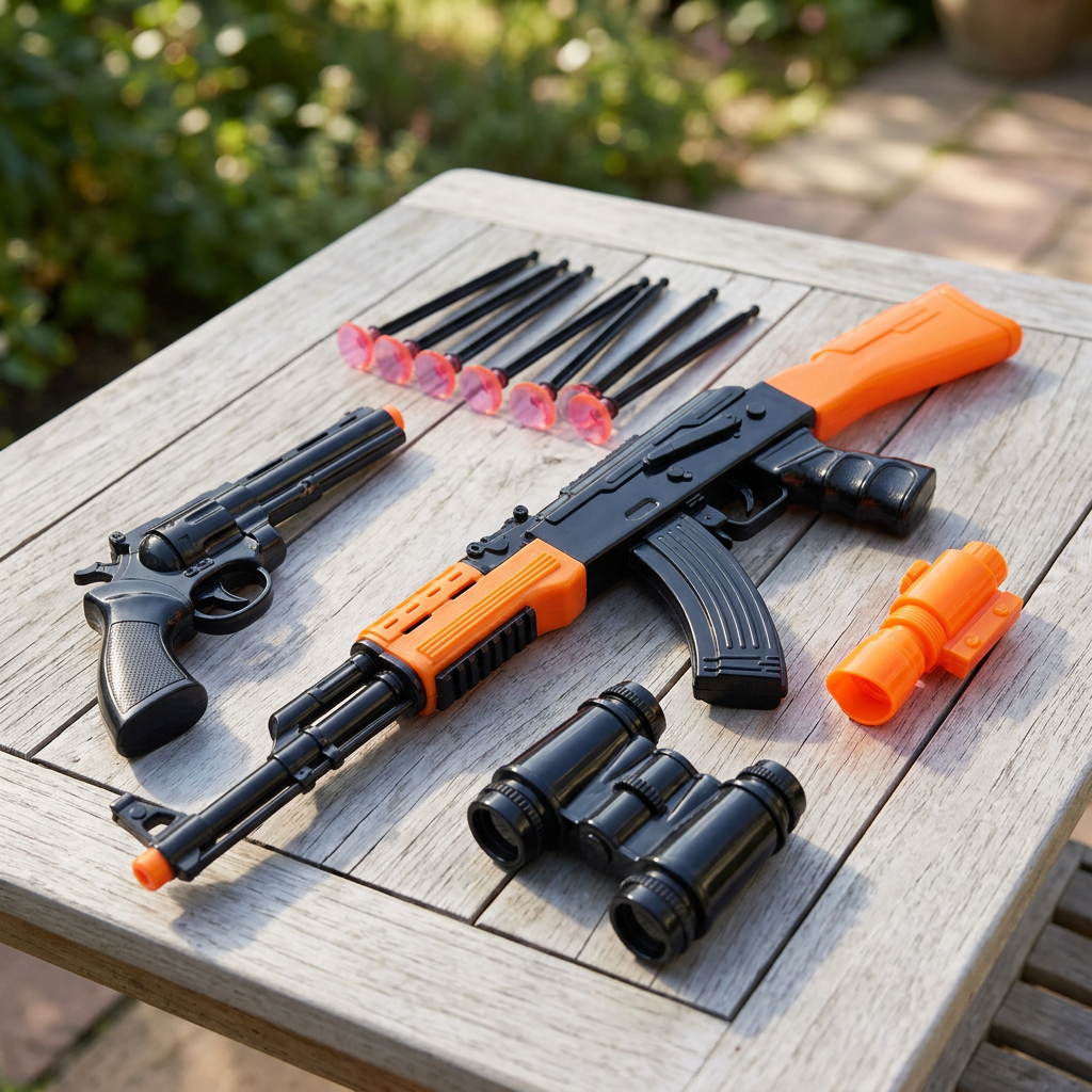 Toy set arranged on a garden table