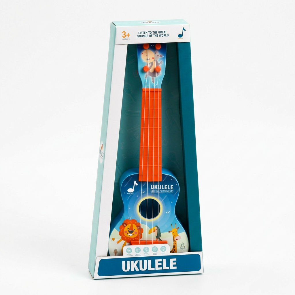 Ukulele in its display packaging