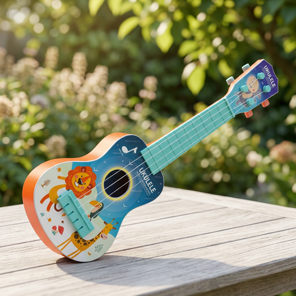 Ukulele on a garden patio table