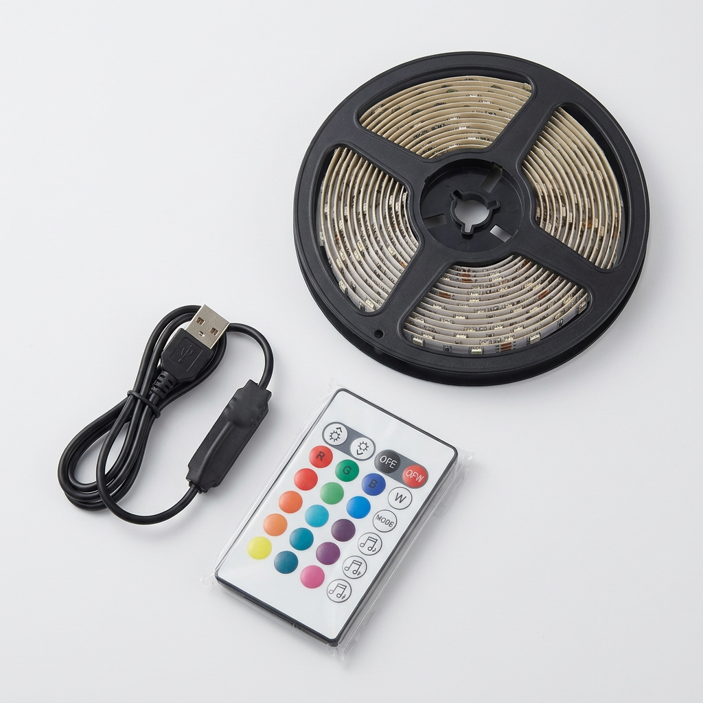 Unpacked LED strip reel, USB cable and remote