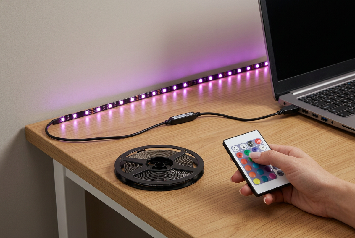 Usage illustration showing the USB-powered LED strip lighting a desk while someone operates the remote