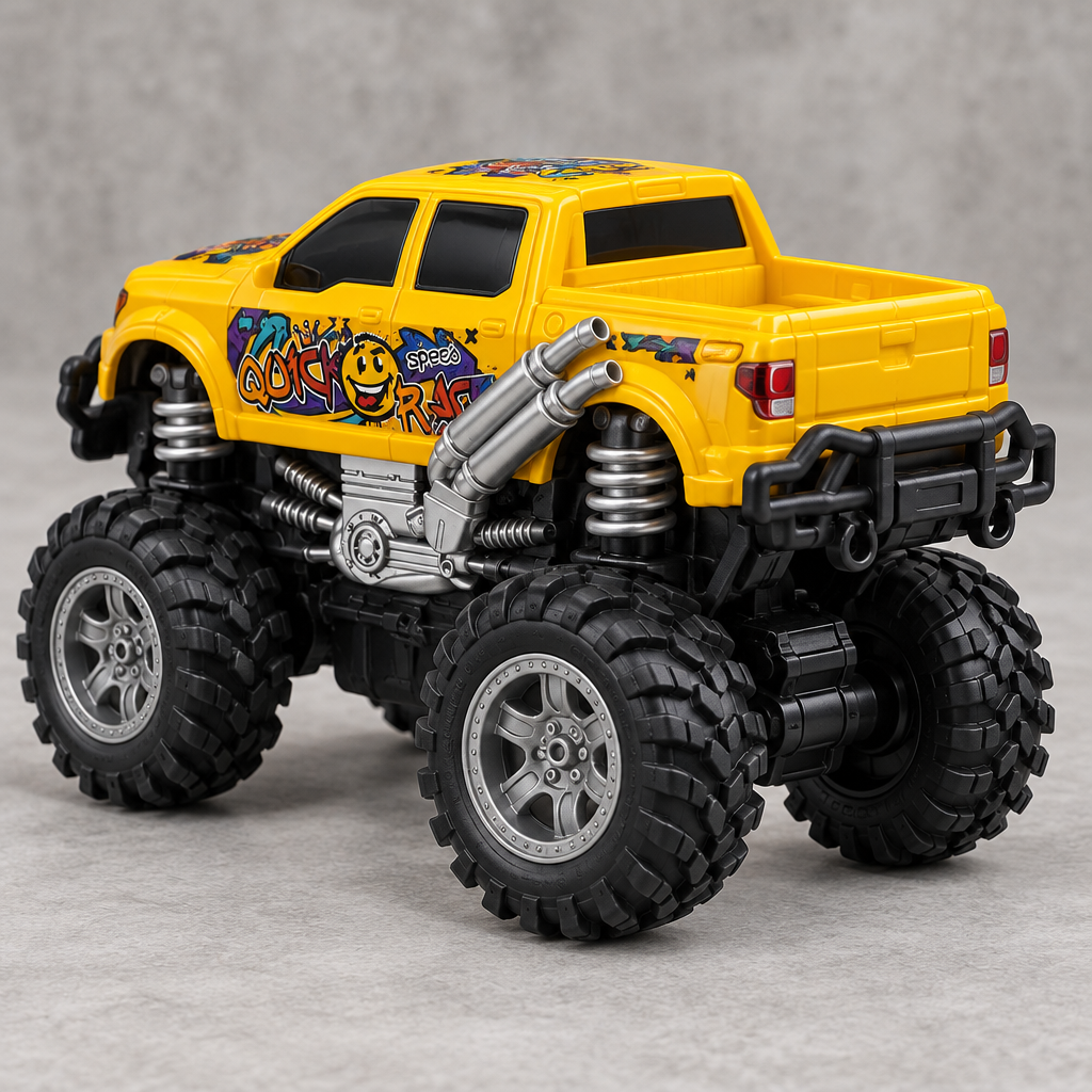 Yellow graffiti monster truck from a low rear angle
