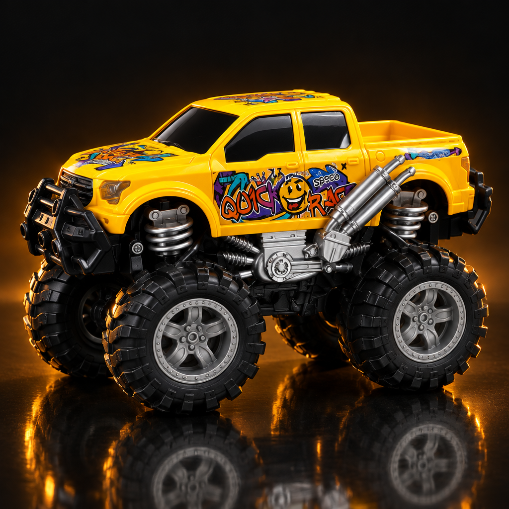 Yellow graffiti monster truck on a dark studio background