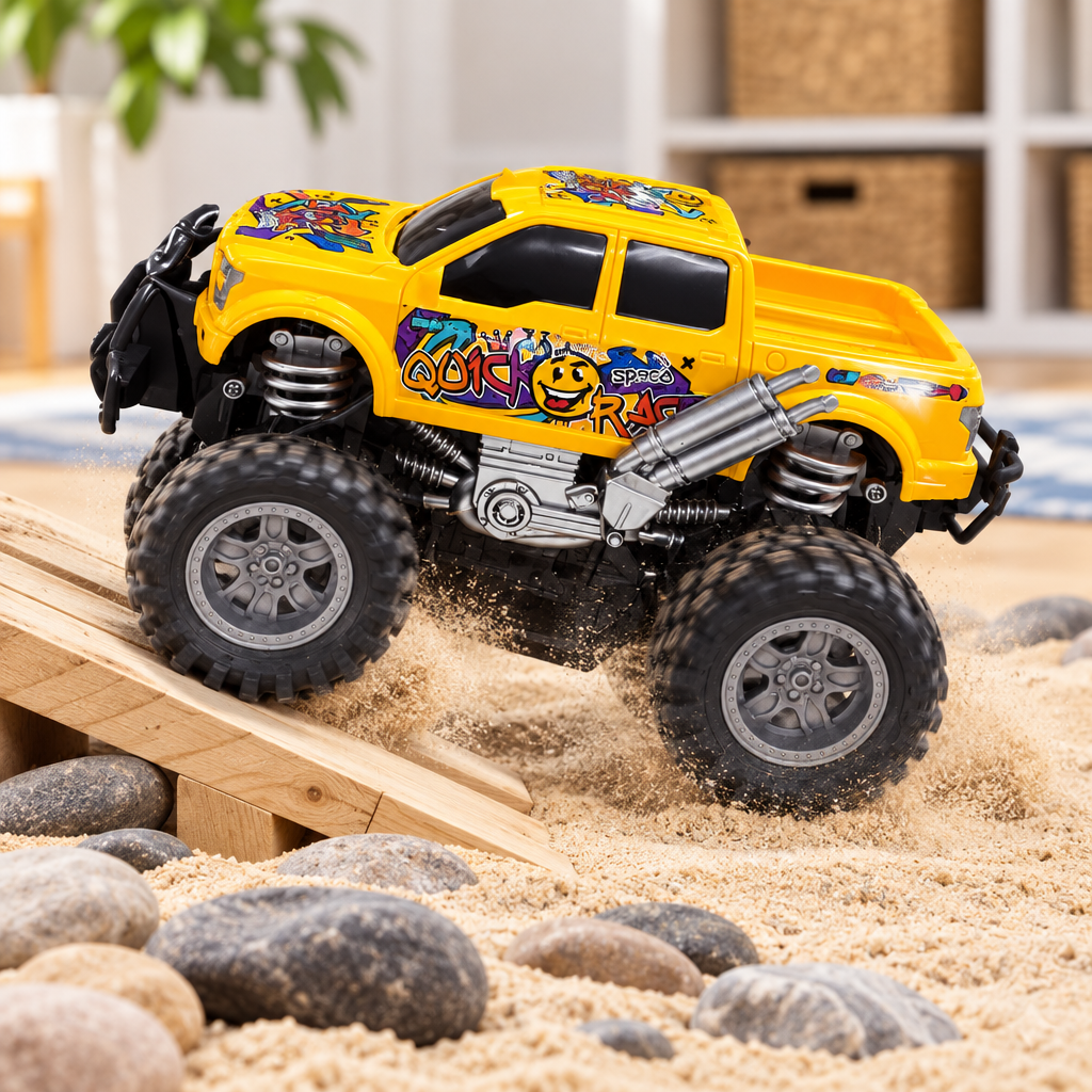 Yellow graffiti monster truck on an off-road play course