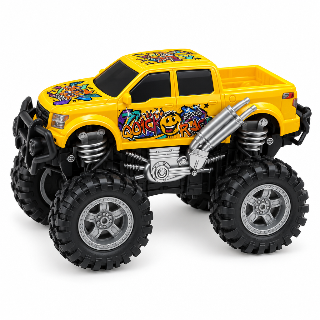 Yellow graffiti monster truck on white